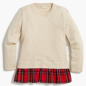 NWT J Crew Crewcuts Cream & red ruffle plaid long sleeve peplum sweater XL 12-14
